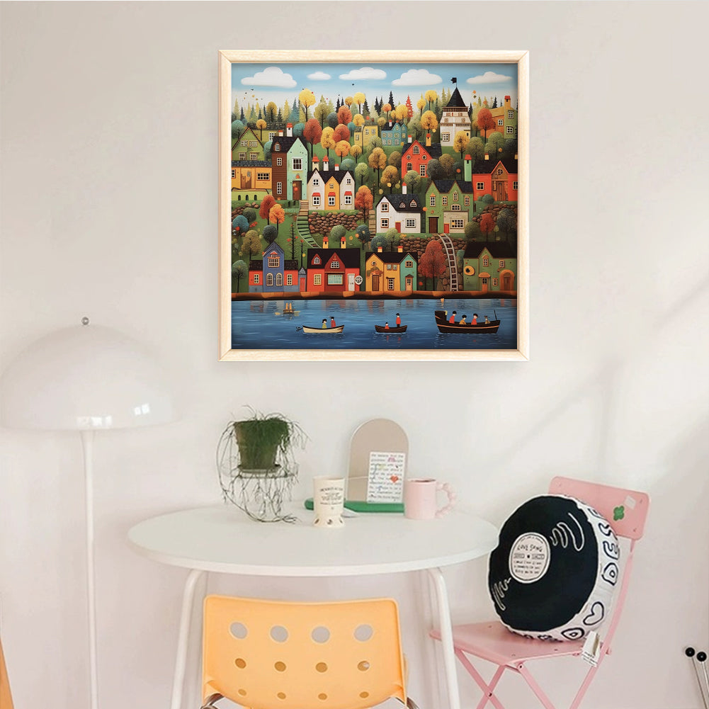 Colorful House On Bank - Full 14CT Counted Cross Stitch 50x50CM - Huacan