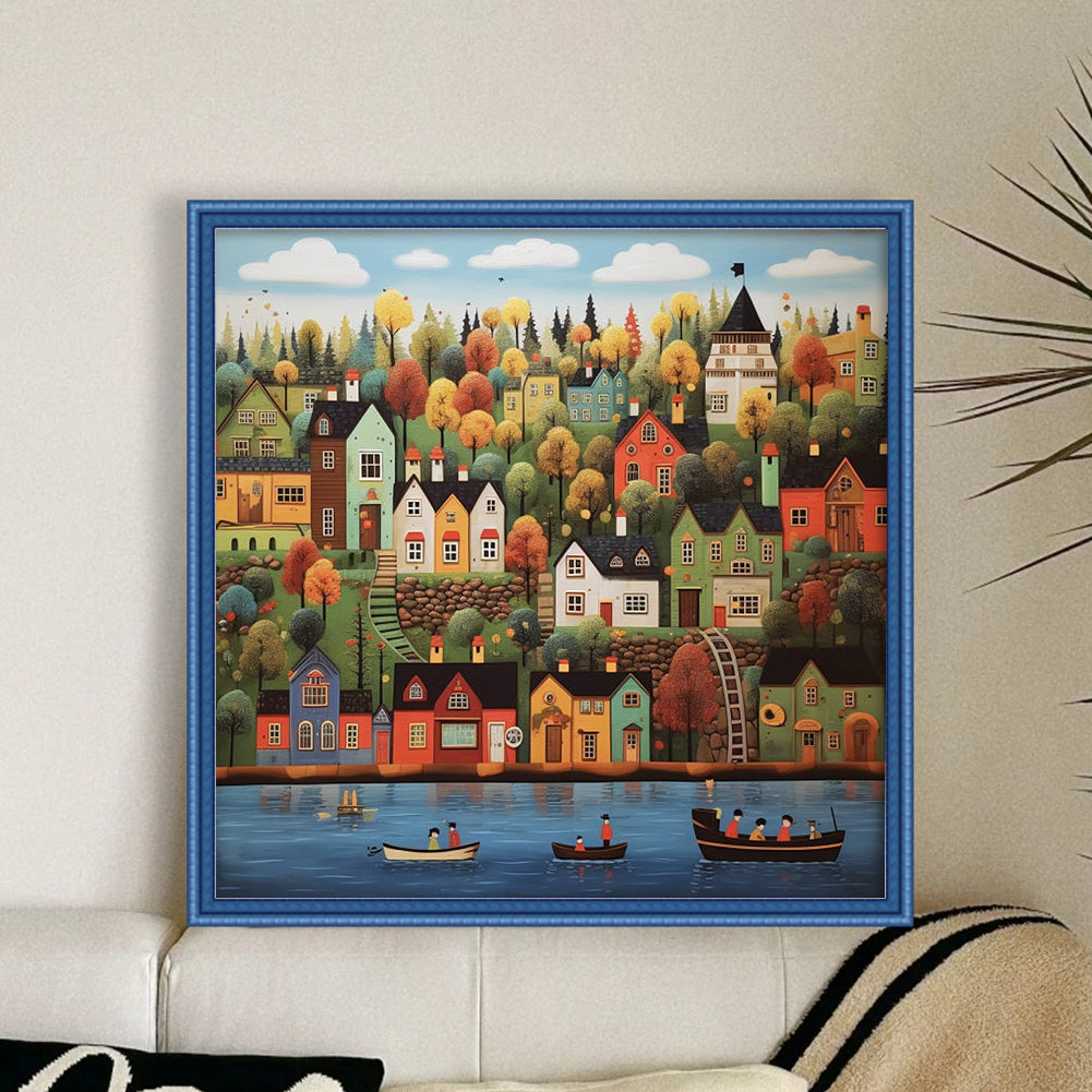 Colorful House On Bank - Full 14CT Counted Cross Stitch 50x50CM - Huacan