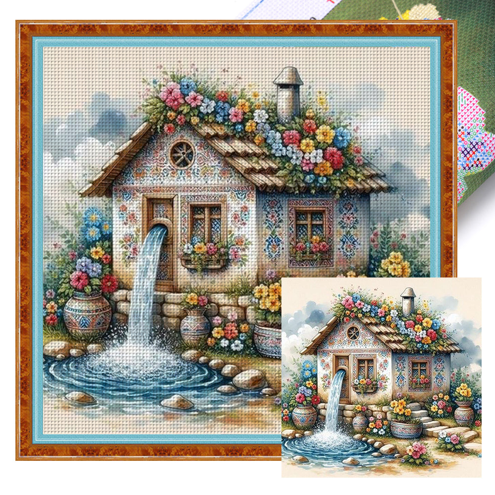 Huancan - Flower House - 45*45CM 11CT 3 Stamped Cross Stitch