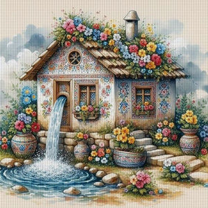 Huancan - Flower House - 45*45CM 11CT 3 Stamped Cross Stitch