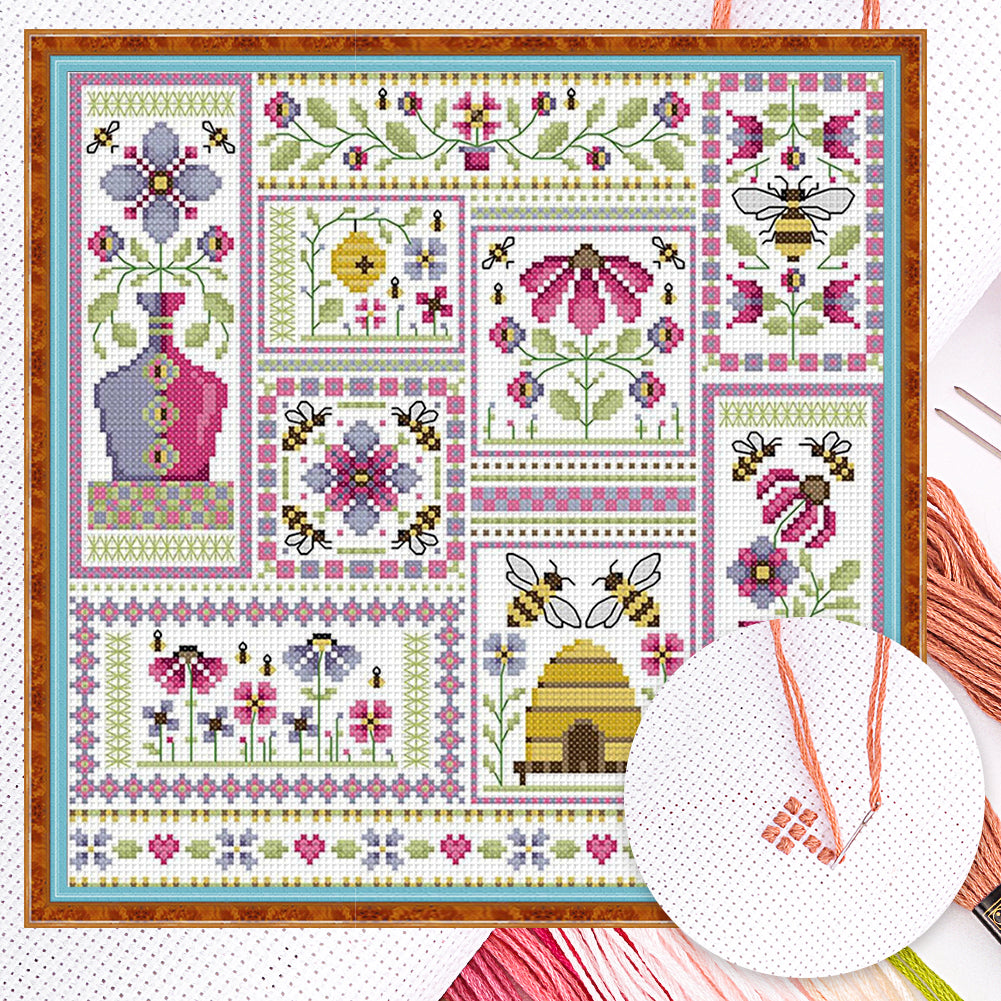 Bees In Garden - Partial 14CT Counted Cross Stitch 33x33CM - Joy Sunday Backstitch