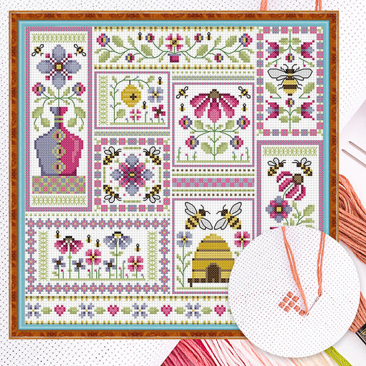 Bees In Garden - Partial 14CT Counted Cross Stitch 33x33CM - Joy Sunday Backstitch