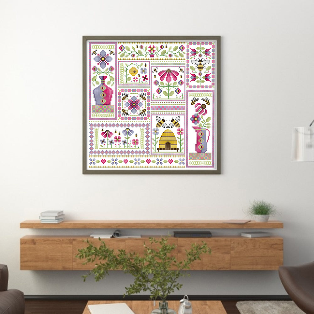 Bees In Garden - Partial 14CT Counted Cross Stitch 33x33CM - Joy Sunday Backstitch