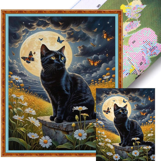 Black Cat Under Moon - Full 11CT Stamped Cross Stitch 40x50CM - Huacan