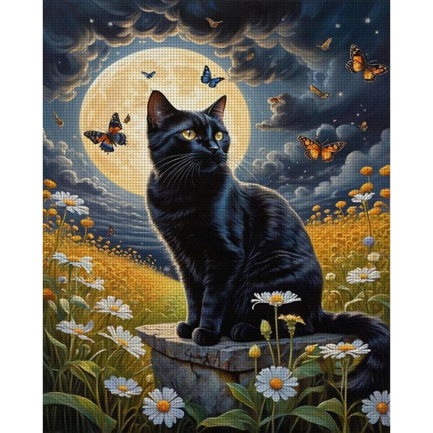 Black Cat Under Moon - Full 11CT Stamped Cross Stitch 40x50CM - Huacan