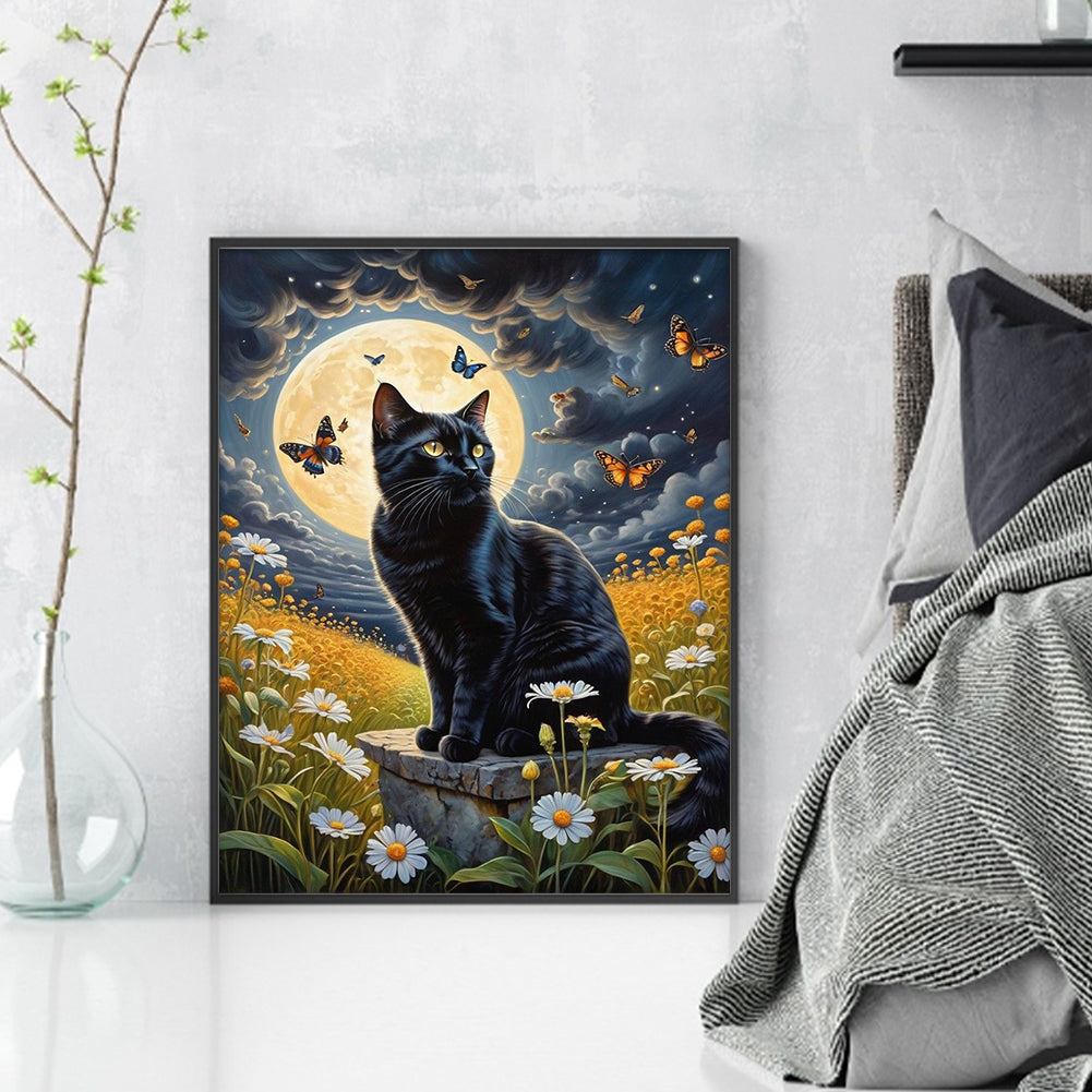 Black Cat Under Moon - Full 11CT Stamped Cross Stitch 40x50CM - Huacan