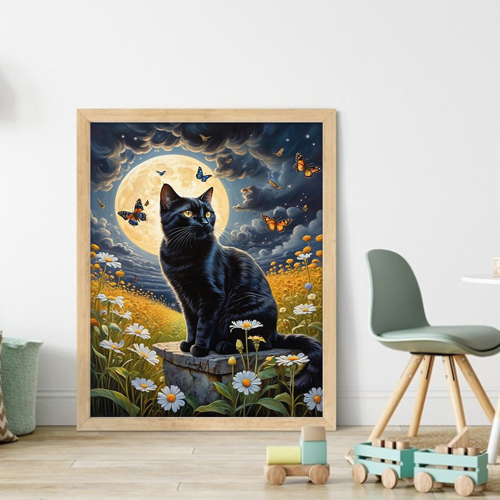 Black Cat Under Moon - Full 11CT Stamped Cross Stitch 40x50CM - Huacan