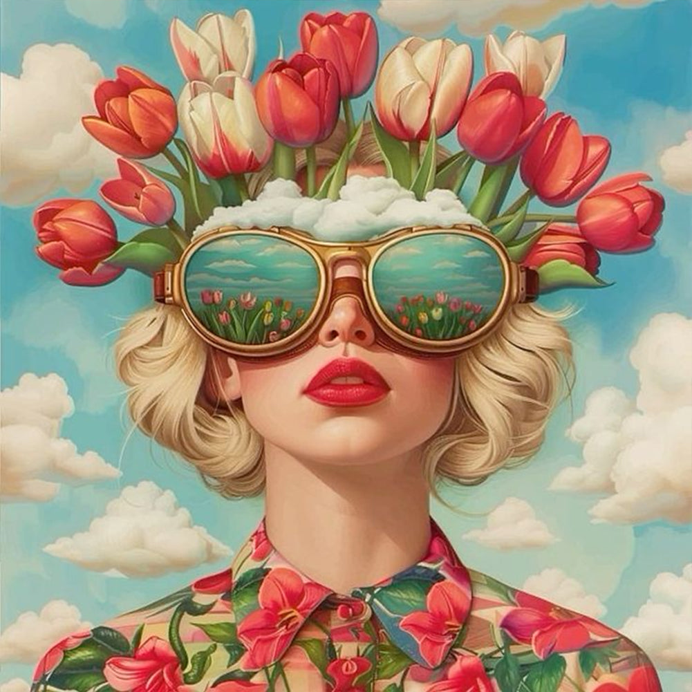 Tulip Girl With Sunglasses 40*40CM(Canvas) Full Round Drill Diamond Painting