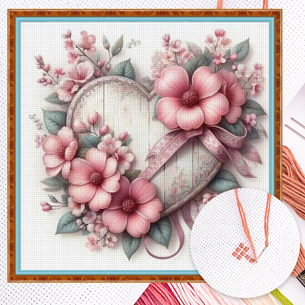Flower And Love Heart - Full 11CT Counted Cross Stitch 40x40CM - Yishu
