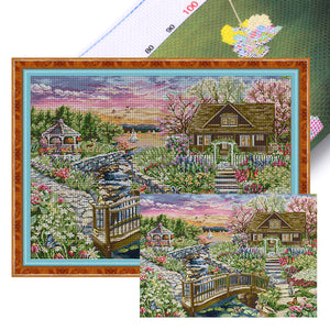Joy Sunday - Springtime Lakeside Cottage - 64*50CM 14CT 2 Stamped Cross Stitch
