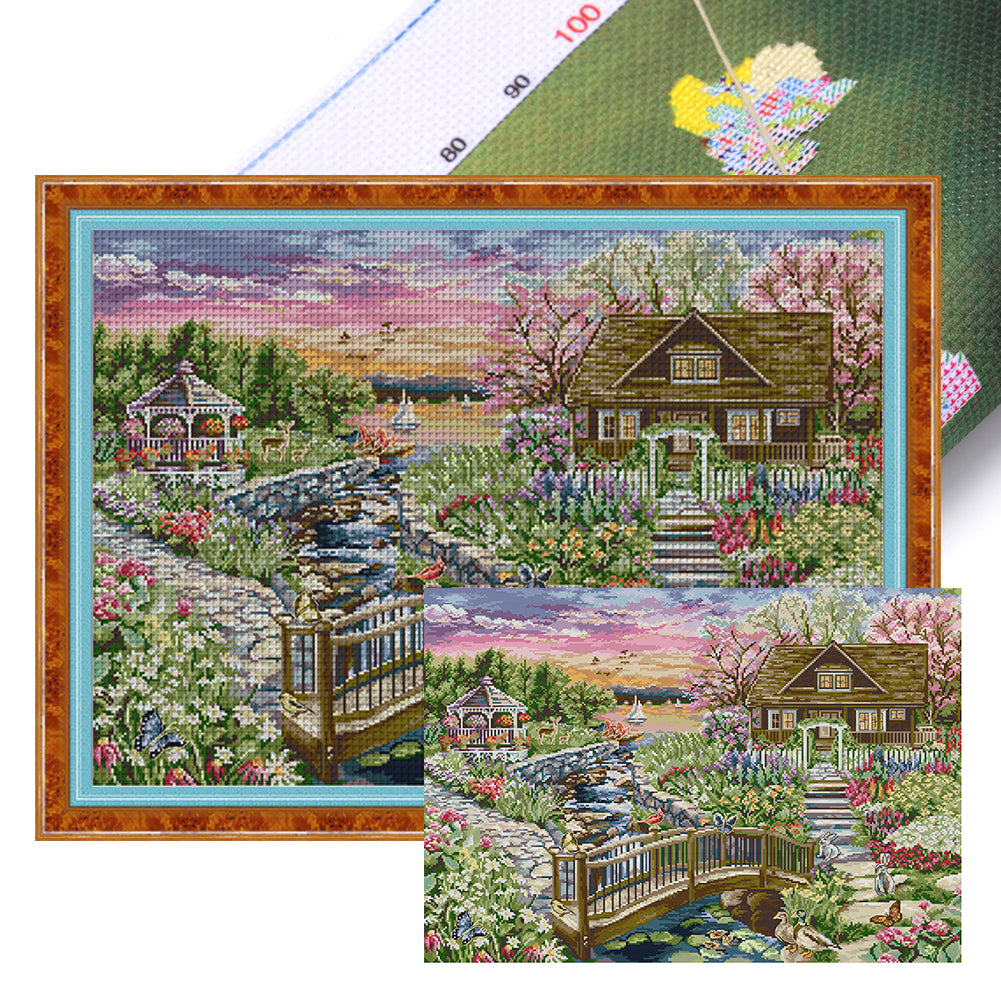 Joy Sunday - Springtime Lakeside Cottage - 64*50CM 14CT 2 Stamped Cross Stitch