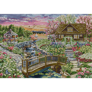 Joy Sunday - Springtime Lakeside Cottage - 64*50CM 14CT 2 Stamped Cross Stitch
