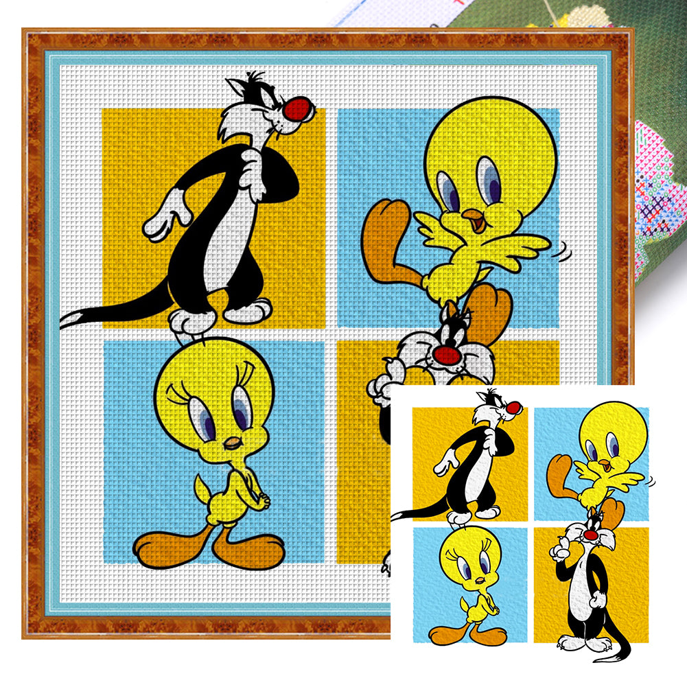 Huancan - Big Silly Cat And Tweety - 50*50CM 11CT 3 Stamped Cross Stitch