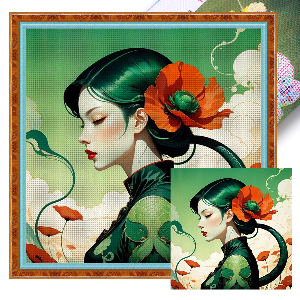 Huancan - Poppy Girl - 40*40CM 14CT 2 Stamped Cross Stitch