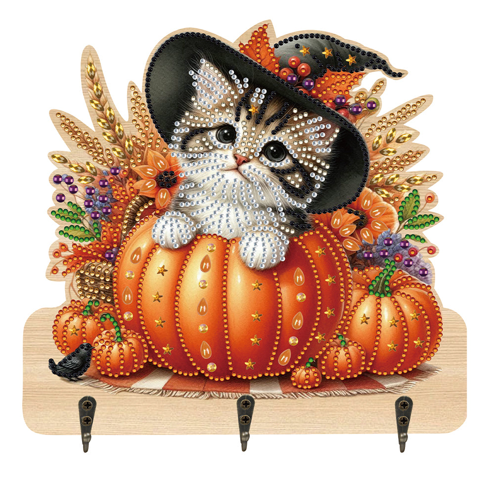 Halloween Pumpkin Cat Wood 2D/Flat DIY Diamond Painting Hooks Home Decor Craft