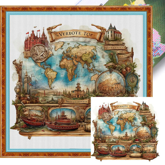 World Map - Full 11CT Stamped Cross Stitch 60x60CM - Huacan