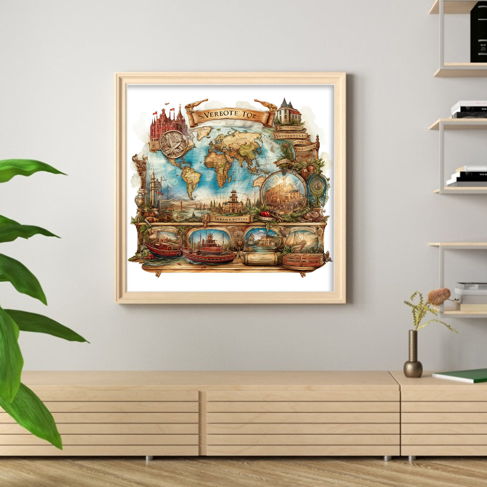 World Map - Full 11CT Stamped Cross Stitch 60x60CM - Huacan