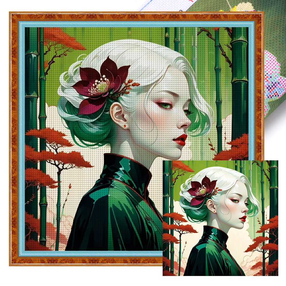 Huancan - Silver-Haired Girl - 40*40CM 14CT 2 Stamped Cross Stitch