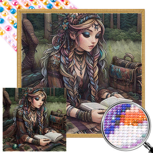 Reading Girl In The Forest 40*40CM(Picture) Full Round Drill Diamond Painting