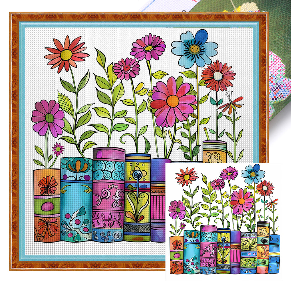 Huancan - Books And Flowers - 50*50CM 11CT 3 Stamped Cross Stitch