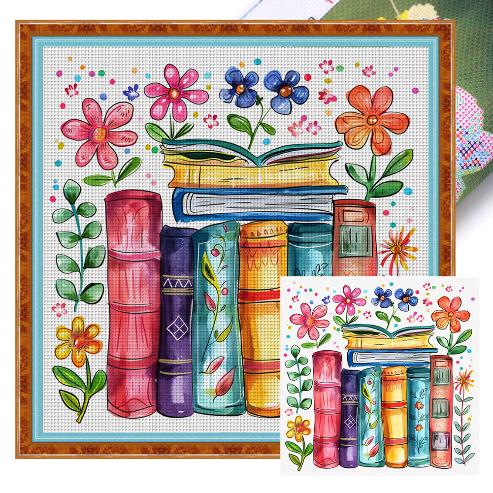Huancan - Books And Flowers - 50*50CM 11CT 3 Stamped Cross Stitch