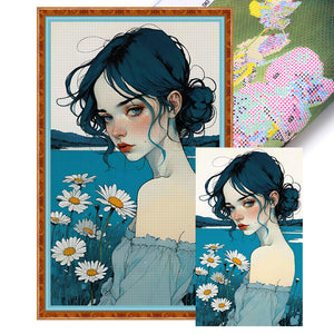 Huancan - Little Blue Daisy Girl - 40*65CM 11CT 3 Stamped Cross Stitch