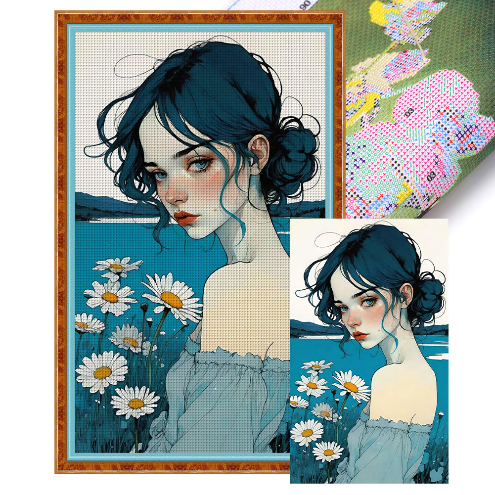 Huancan - Little Blue Daisy Girl - 40*65CM 11CT 3 Stamped Cross Stitch