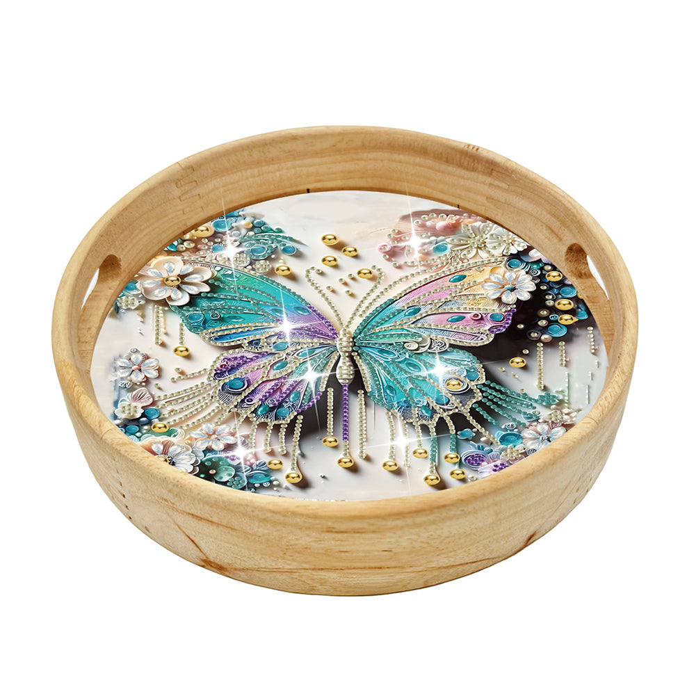 Wooden Butterfly Diamond Painting Serving Tray with Handle for Coffee Table