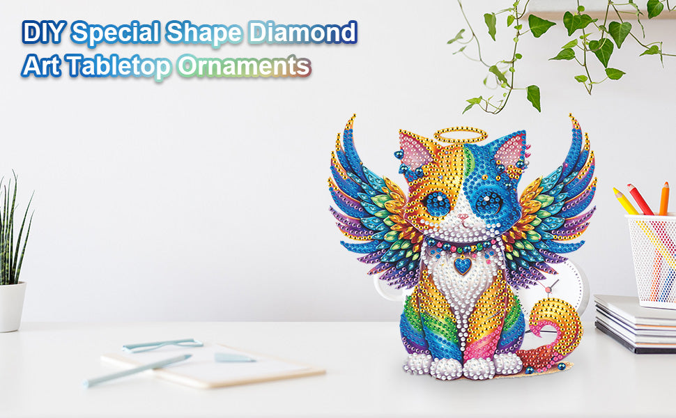 2D Flat Angel Wings Cat DIY Diamond Painting Kit Acrylic Shaking Head Ornament