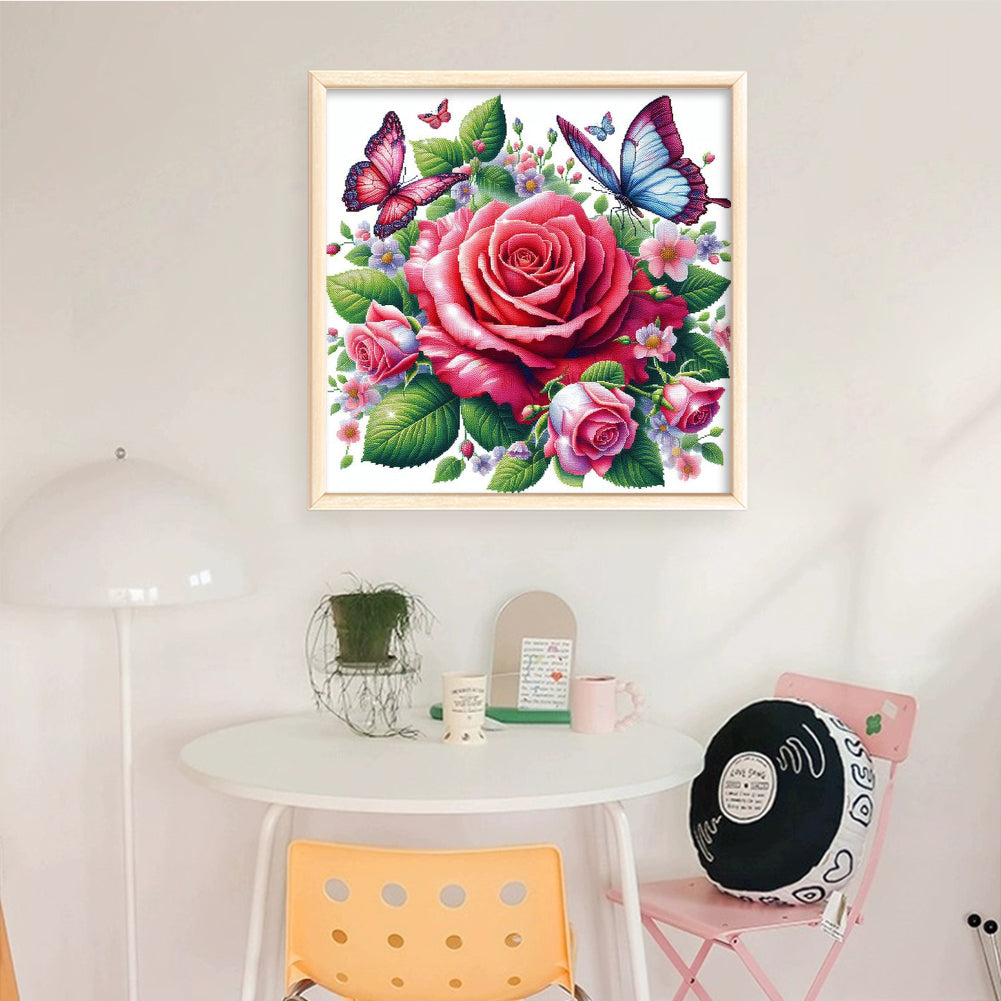 Butterfly And Rose - Full 11CT Stamped Cross Stitch 40x40CM - Yishu