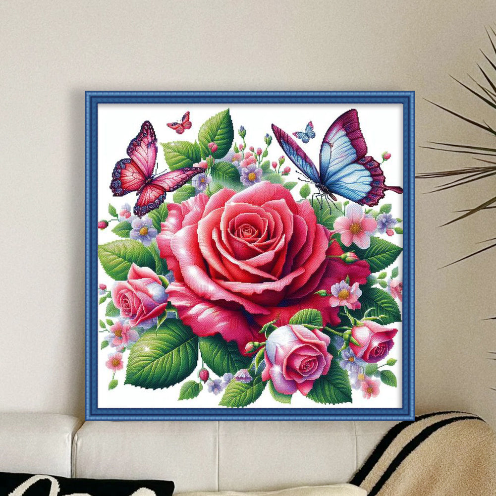 Butterfly And Rose - Full 11CT Stamped Cross Stitch 40x40CM - Yishu
