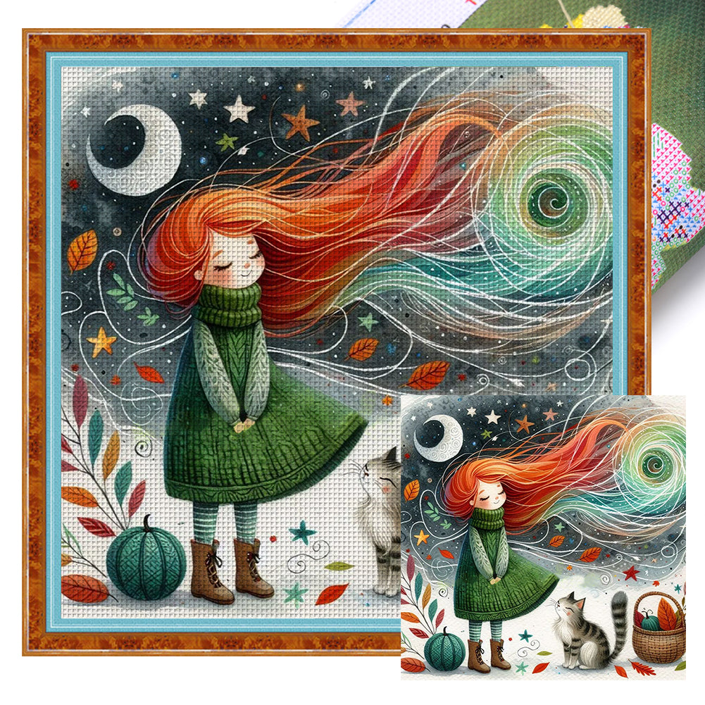 Red-Haired Girl With Cat - Full 11CT Stamped Cross Stitch 50x50CM - Yishu