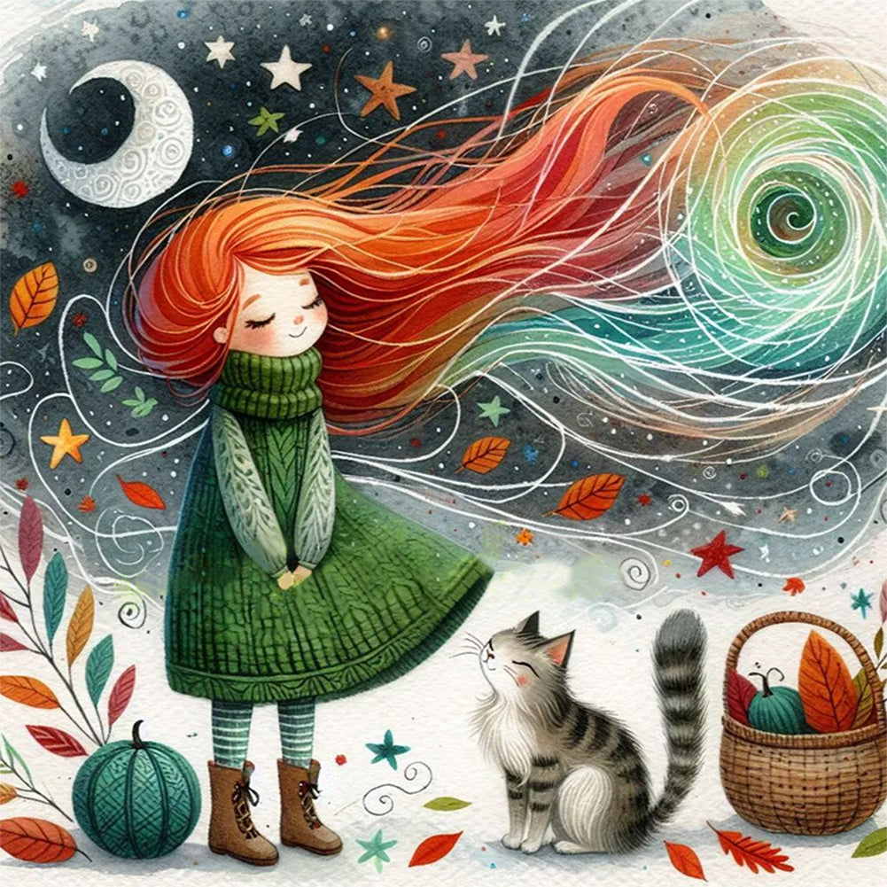 Red-Haired Girl With Cat - Full 11CT Stamped Cross Stitch 50x50CM - Yishu