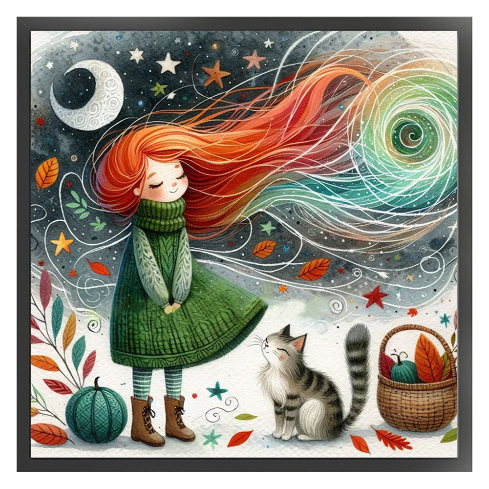 Red-Haired Girl With Cat - Full 11CT Stamped Cross Stitch 50x50CM - Yishu