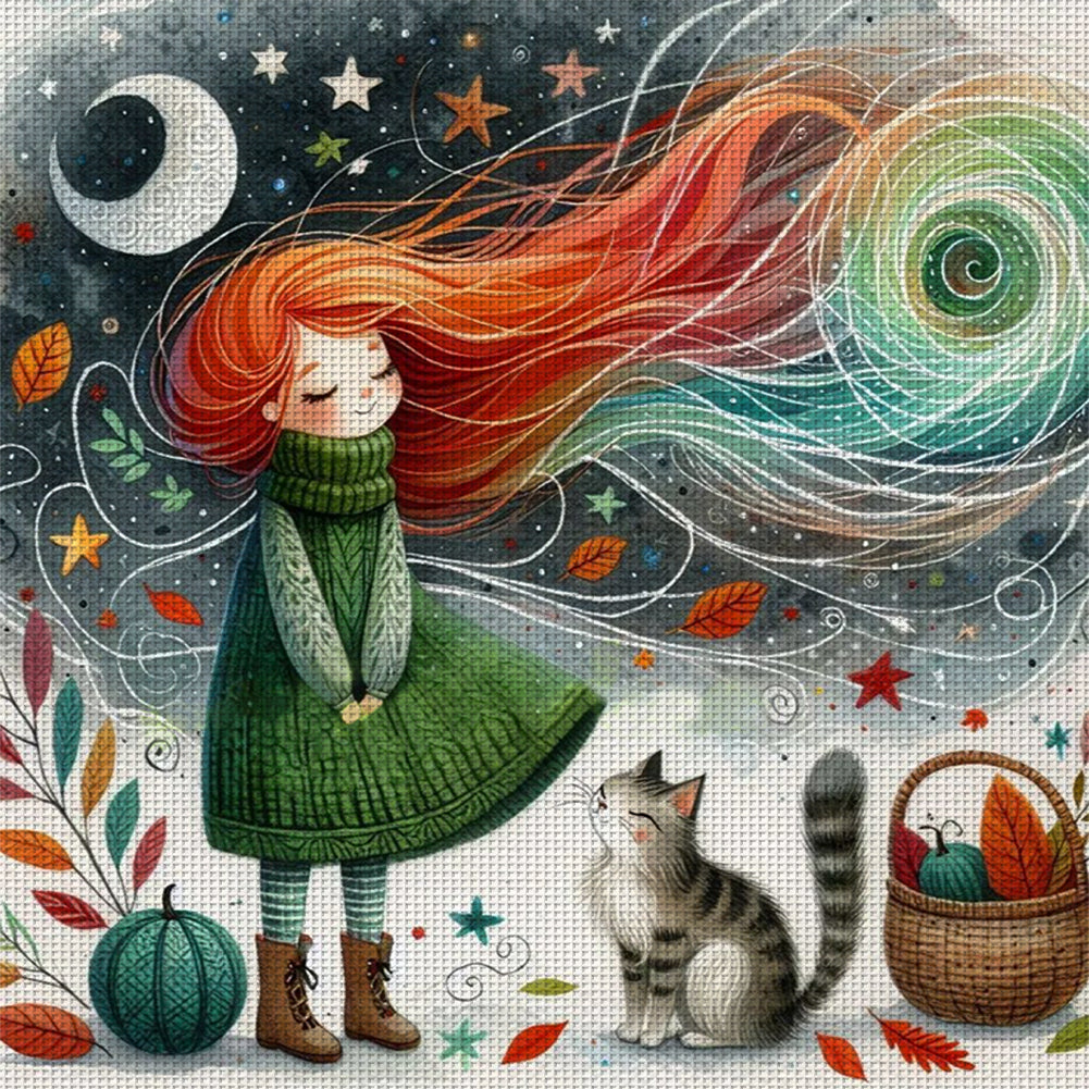 Red-Haired Girl With Cat - Full 11CT Stamped Cross Stitch 50x50CM - Yishu