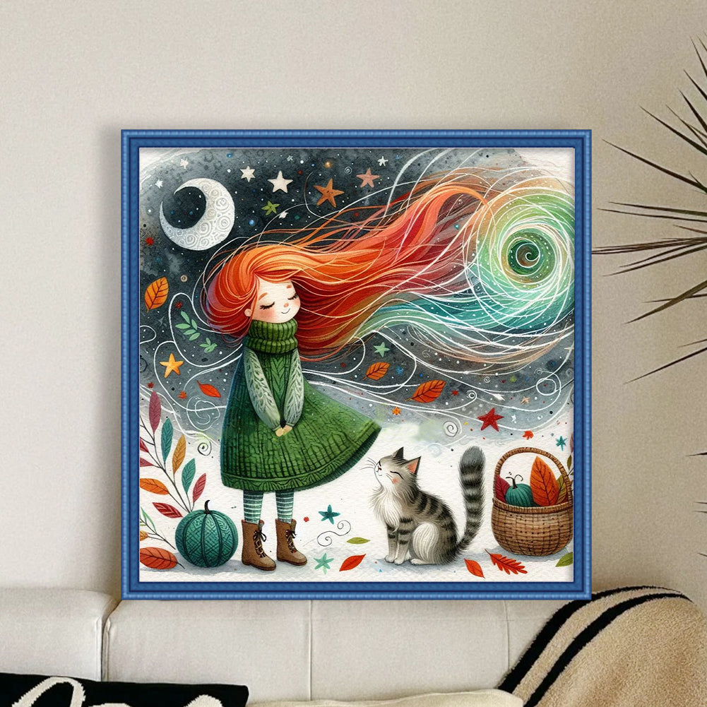 Red-Haired Girl With Cat - Full 11CT Stamped Cross Stitch 50x50CM - Yishu
