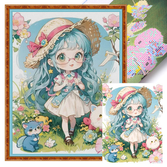 Little Girl And Animals In Garden - Full 11CT Stamped Cross Stitch 40x56CM - Yishu