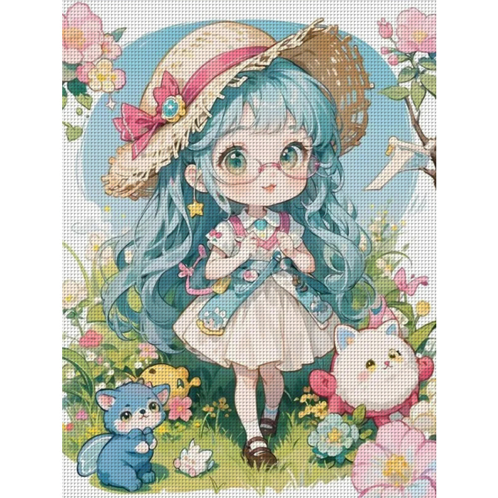 Little Girl And Animals In Garden - Full 11CT Stamped Cross Stitch 40x56CM - Yishu