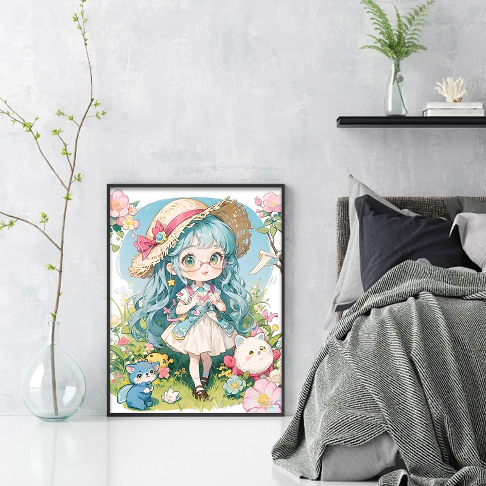 Little Girl And Animals In Garden - Full 11CT Stamped Cross Stitch 40x56CM - Yishu