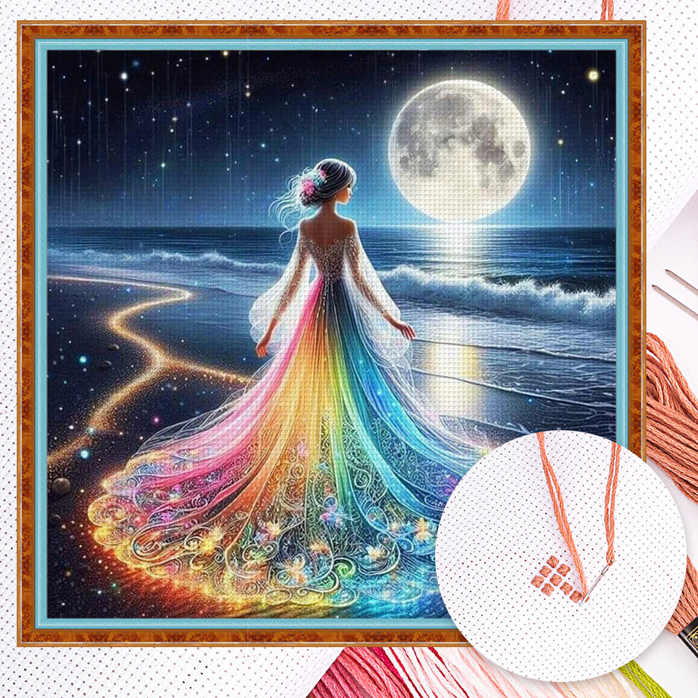 Girls Glowing By Seaside - Full 18CT Counted Cross Stitch 35x35CM - Huacan