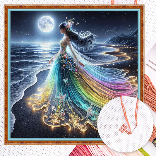 Girls Glowing By Seaside - Full 18CT Counted Cross Stitch 35x35CM - Huacan