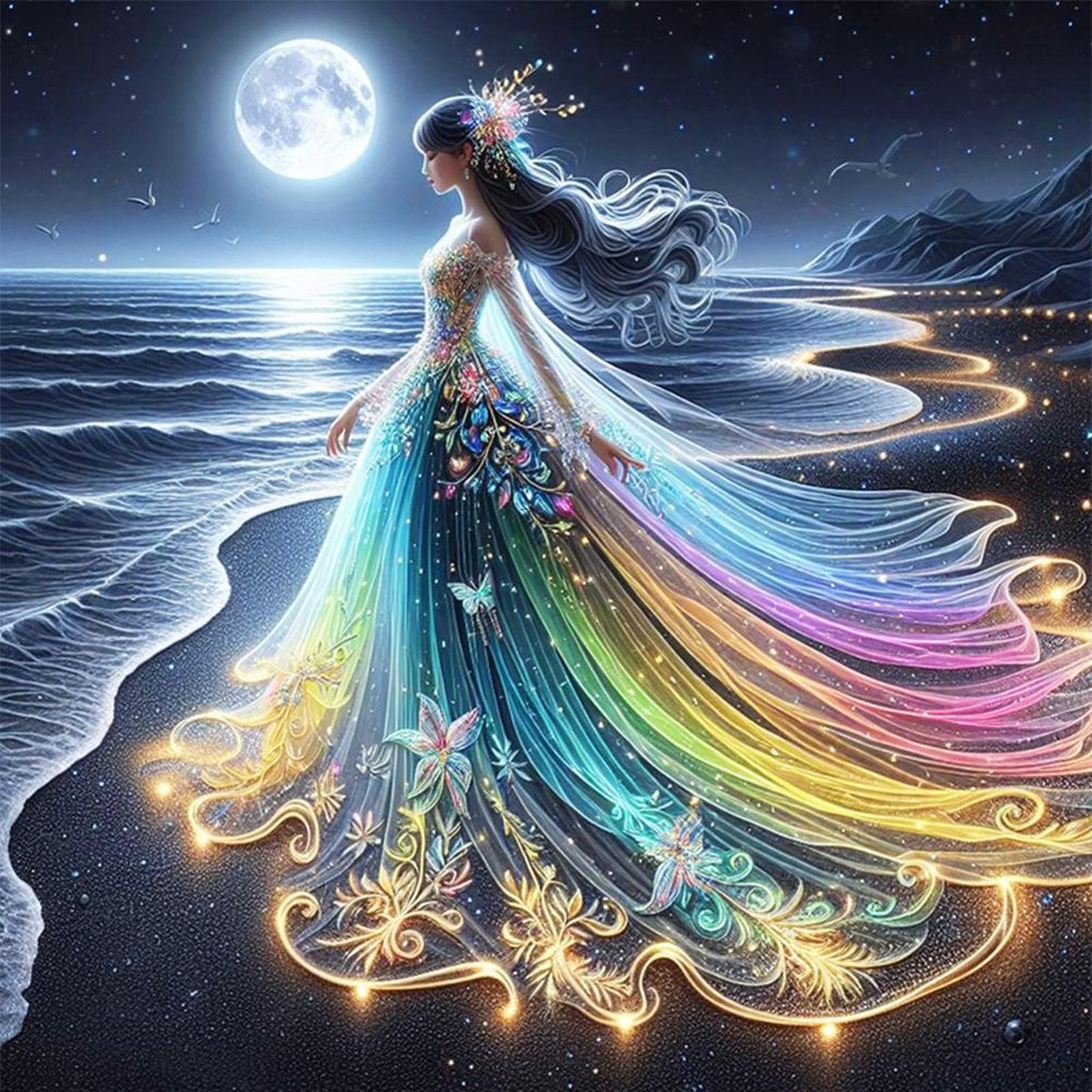 Girls Glowing By Seaside - Full 18CT Counted Cross Stitch 35x35CM - Huacan