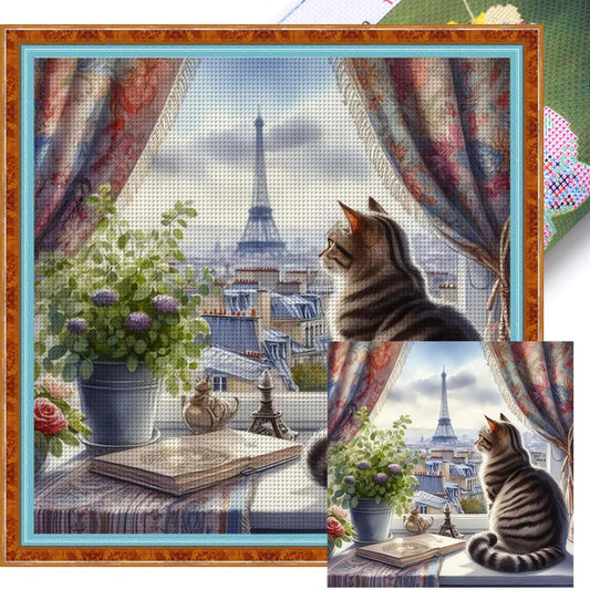 Cat By Window - Full 11CT Stamped Cross Stitch 40x40CM - Yishu