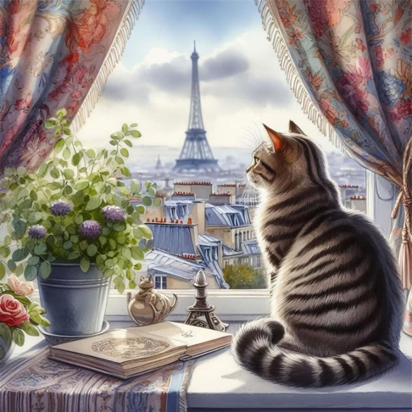 Cat By Window - Full 11CT Stamped Cross Stitch 40x40CM - Yishu