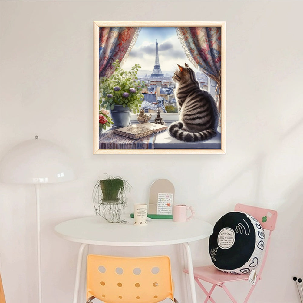 Cat By Window - Full 11CT Stamped Cross Stitch 40x40CM - Yishu