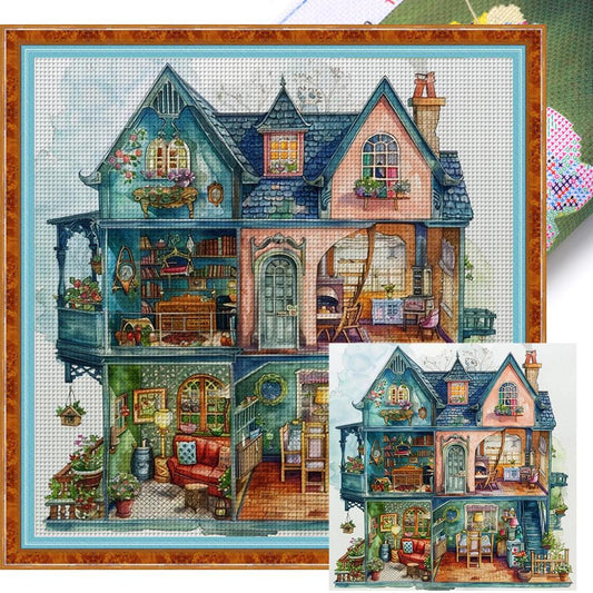 Blue Flower House - Full 14CT Stamped Cross Stitch 50x50CM - Huacan