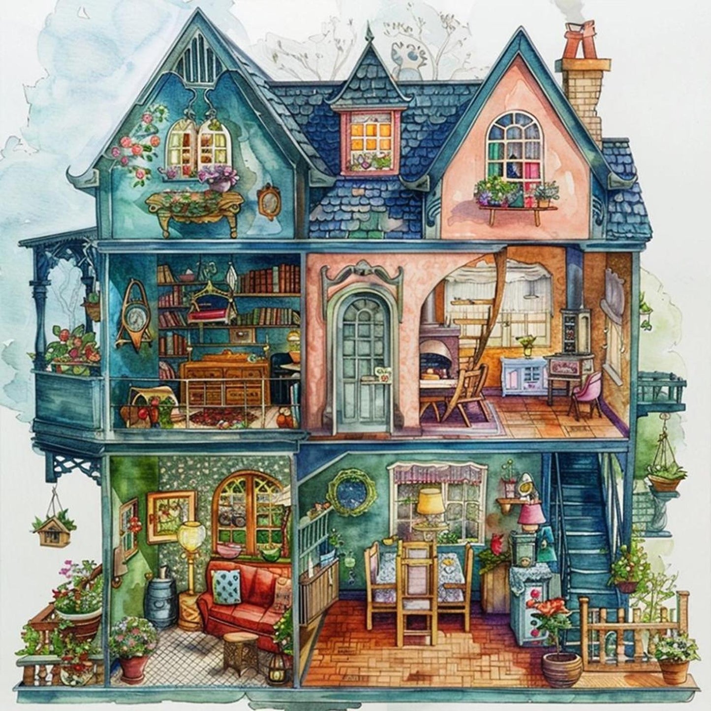 Blue Flower House - Full 14CT Stamped Cross Stitch 50x50CM - Huacan
