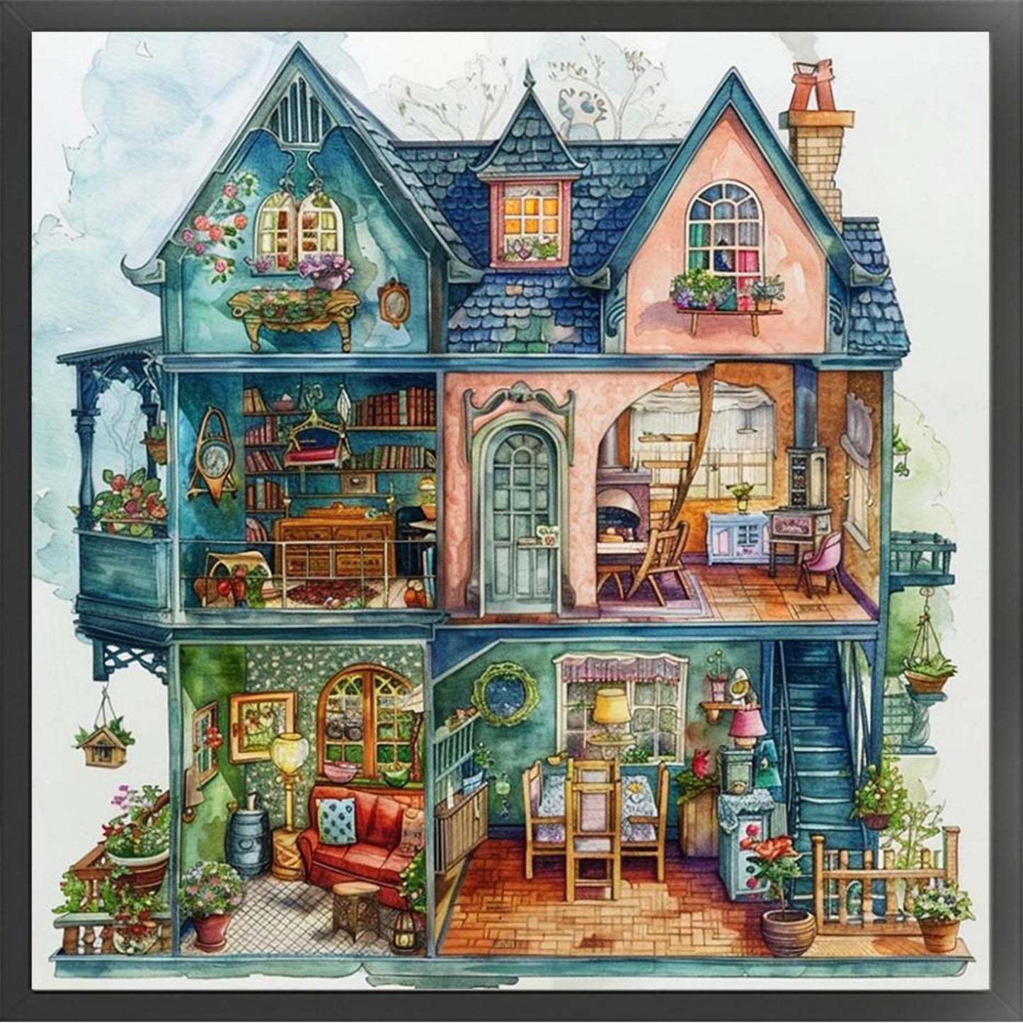 Blue Flower House - Full 14CT Stamped Cross Stitch 50x50CM - Huacan