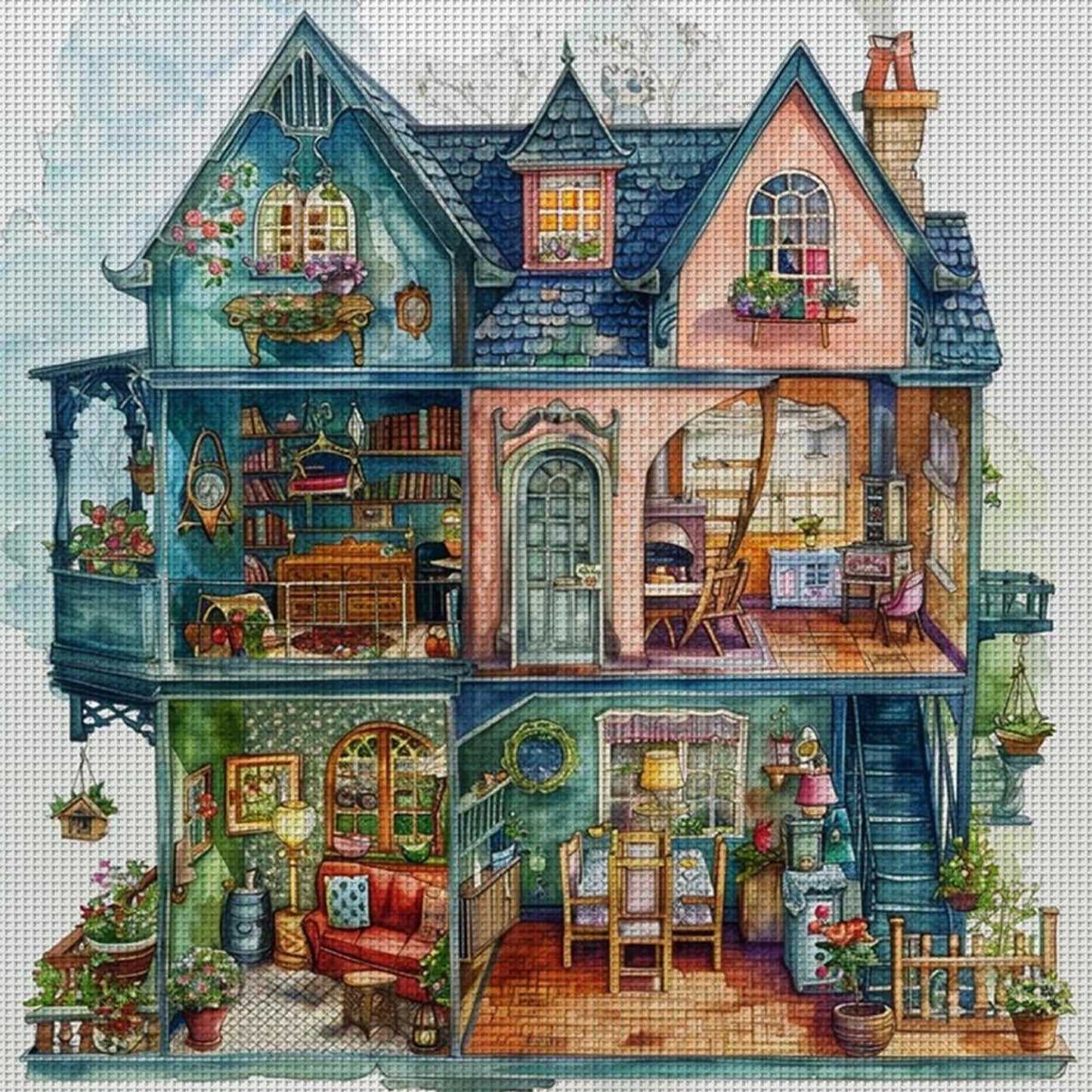 Blue Flower House - Full 14CT Stamped Cross Stitch 50x50CM - Huacan