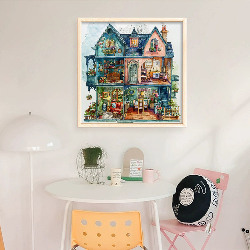 Blue Flower House - Full 14CT Stamped Cross Stitch 50x50CM - Huacan
